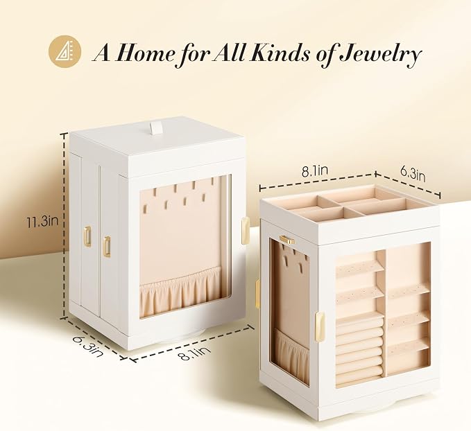 TidyStash 360° Rotating Jewelry Organizers and Storage, Large Jewelry Boxes for Women Necklace, Ring Earring Storage, Vertical Accessory Organizers and Storage, Cream White - Image 2