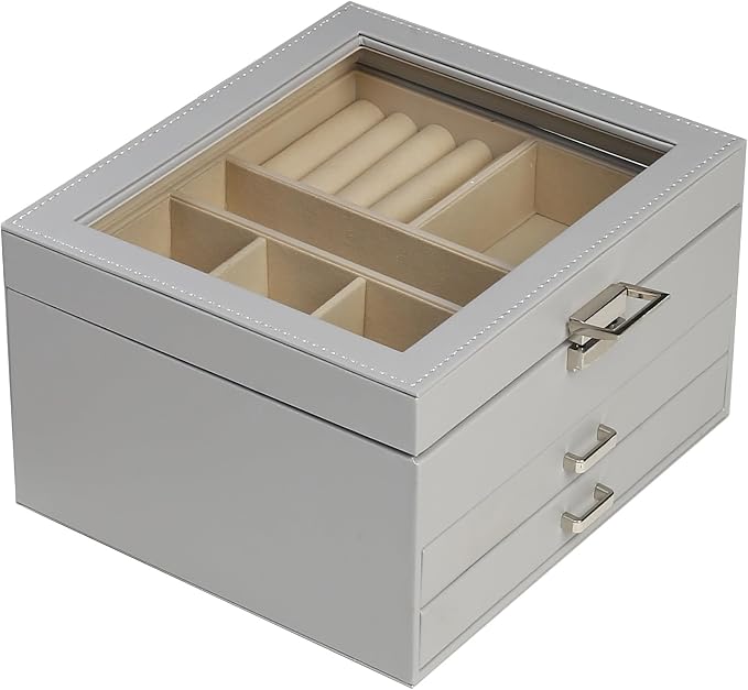 BOOVO Clear Lid Jewelry Box,3 Layers Jewelry Organizer Large Multi-Functional Jewelry Storage Box with 2 Drawers,Jewelry Display Case of Rings Earrings Necklace Bracelets for Women Girls (Grey) by BOOVO