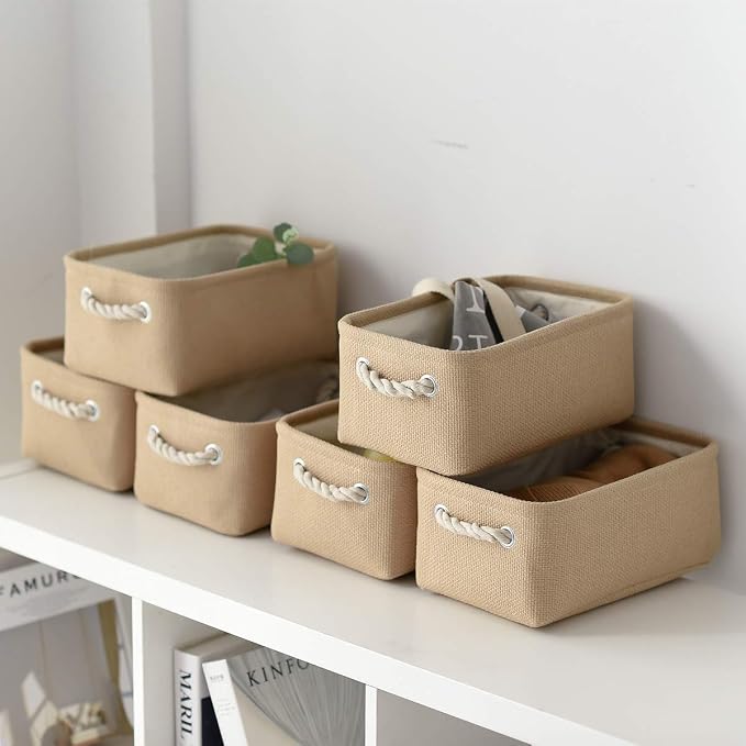 TheWarmHome Storage Basket for Organizing - Small 6 Pack 11.8x7.8x5.2 inch Fabric Storage Cubes with Cotton Rope Handle, Collapsible Storage Bins Baby Storage Toy Nursery (Beige) - Image 4