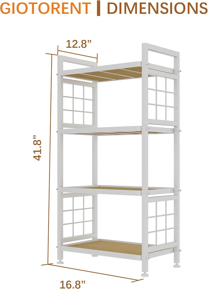 GIOTORENT 4-Tier Pantry Shelves with Wooden Boards, Heavy Duty Storage Shelves & Book Shelf, Adjustable Metal Shelving Unit for Kitchen Bathroom Laundry Organizer, Sturdy Rust-Resistant, White - Image 3