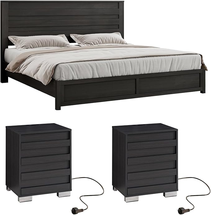 LUXOAK 3 Pcs Bedroom Furniture Sets - Includes Farmhouse King Size Bed Frame with 49" Tall Headboard and Nightstand Sets of 2 with Charging Station, Slated Handles & Stainless Steel Feet, Black