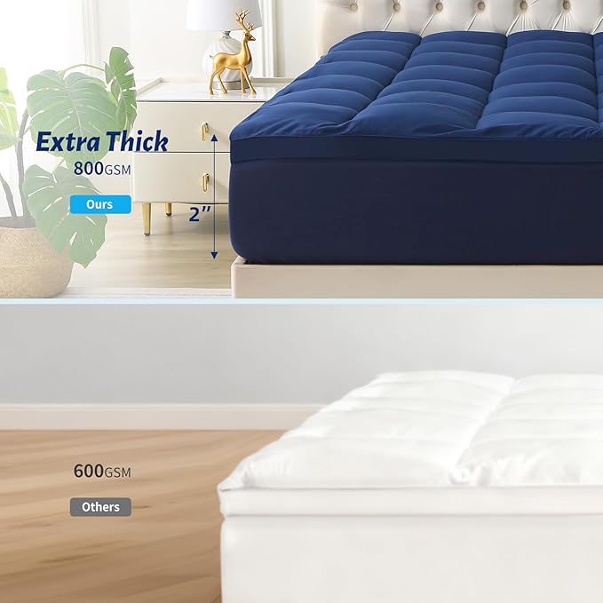 Thick Mattress Topper with Deep Pocket, Extra Pillow Top Mattress Pad, Breathable & Cooling Mattress Cover, Fits 8-21 Inch, Soft Support for Back Pain Relief, Mattress Protector (Queen, Navy Blue)