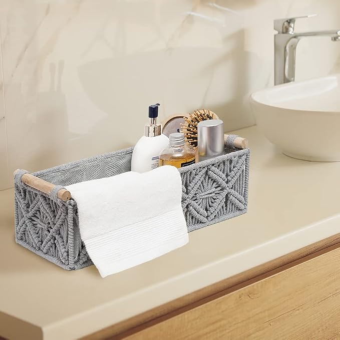 Macrame Storage Basket Boho Decor Baskets for Organizing Woven Decorative for Countertop Toilet Paper Basket for Tank Top for Home Decor Bedroom Nursery Livingroom Entryway (Set of 2,Grey) - Image 5
