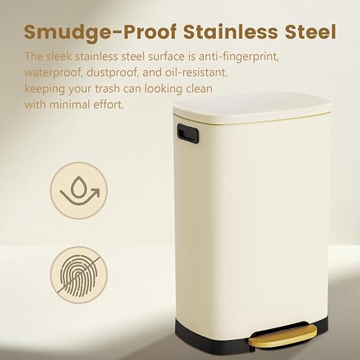 ELPHECO Kitchen Trash Can with Lid Soft Close, 13 Gallon / 50L Stainless Steel Pedal Garbage Can, Heavy-Duty Fingerprint Proof Step Wastebasket with 20 Bags, Removable Bucket, Home Office, Cream Beige - Image 4