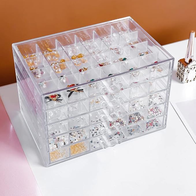 YUFONG Earring Storage Box Organizer, Acrylic Jewelry Storage Box Holder 5 Drawers Transparent Jewelry Display Stand with 120 Small Compartments Gift Boxes for Women Girls (Clear) - Image 7
