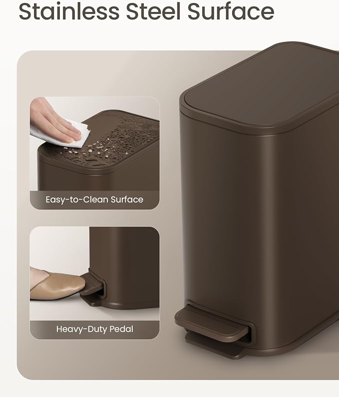 Cesun Small Bathroom Trash Can with Lid Soft Close, Step Pedal, 5 Liter / 1.3 Gallon Stainless Steel Garbage Can with Removable Inner Bucket, Waste Basket for Bathroom, Bedroom (Brown) - Image 3