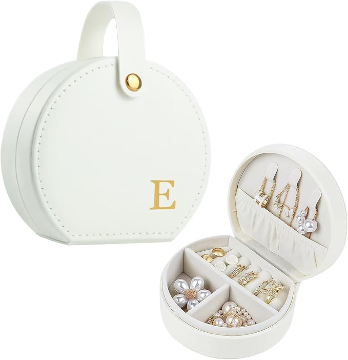 Travel Jewelry Case, Elegant Half-Moon Design with Golden Accents, Detachable Handle, White Personalized Accessory Organizer, Fashion-Forward Gift for Women and Teens(E) by Yoqanr