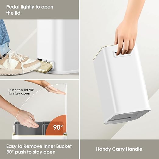 Small Bathroom Trash Can with Lid Soft Close, 5L / 1.3 Gallon Slim Garbage Can with Removable Inner Bucket, Step Stainless Steel Trash Bin for Office, Bathrooms, Bedroom, Living Room (White) - Image 6