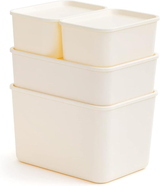 IRIS USA Plastic Modular Basket COMBO (S/M/L), Storage Bins with Lids, Stackable Lidded Storage Organizer Bins for Kitchen, Bathroom and Bedroom, Off White
