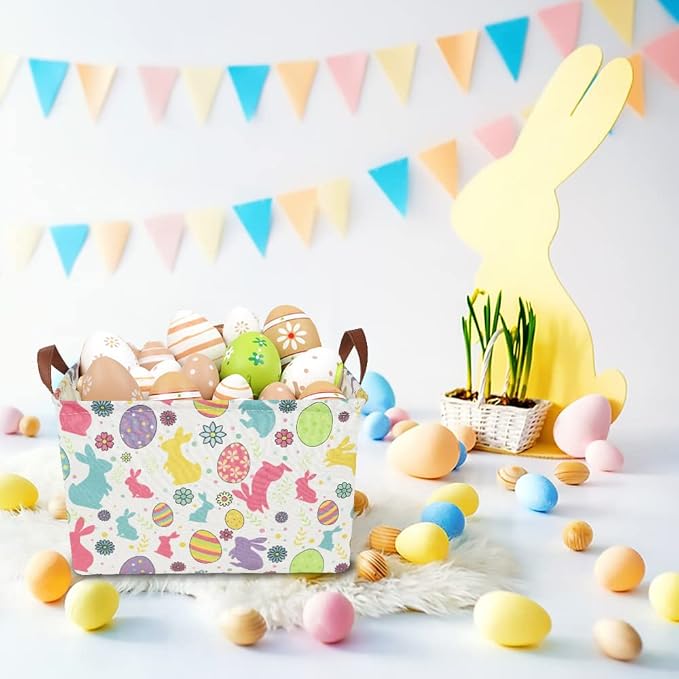 CLOCOR Easter Eggs Basket Empty with Colorful Eggs-pattern,Rectangular Easter Gift Basket with Handles for Boys and Girls,Toys Bin,Room Decor(Easter Eggs Basket) - Image 4