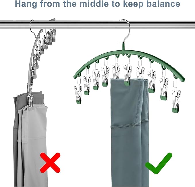Legging Organizer for Closet, Metal Yoga Pants Hangers 2 Pack w/10 Clips Holds 20 Leggings, Space Saving Hanging Closet Organizer w/Rubber Coated Closet Organizers and Storage, Green - Image 4