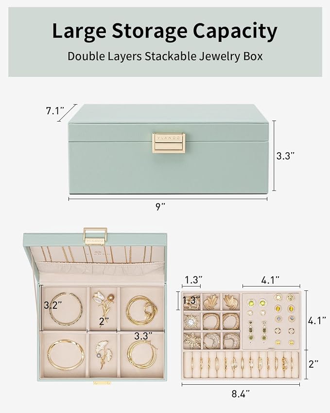 VLANDO 2 Layer Jewelry Box Large Jewelry Organizer for Women Removable Jewelery Tray for Necklace Earrings Rings Bracelets Holidays Gifts for Mom Wife (Green) - Image 5