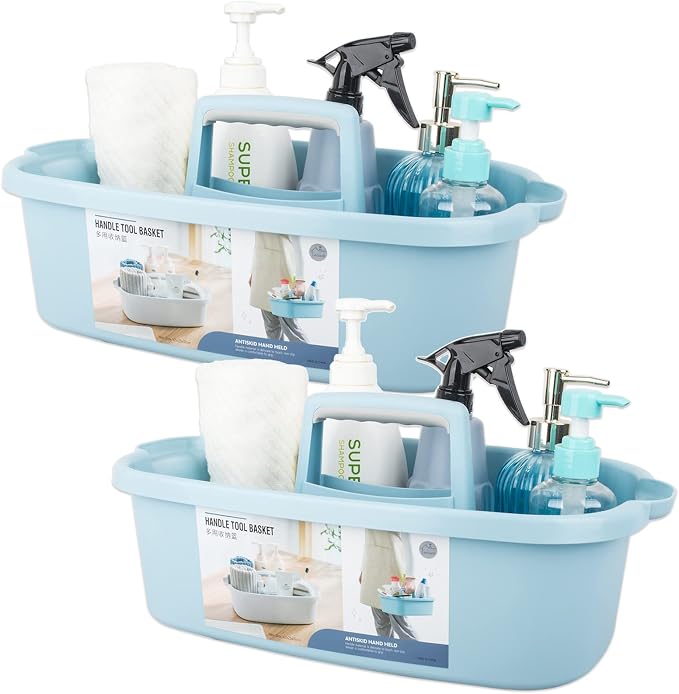 Large Cleaning Supplies Caddy Portable Shower Basket Supply Organizer with Handle Plastic Bucket Tool Storage for Bathroom, Bedroom, Kitchen, College Dorm, Garden, Blue 2 Pack by JiatuA