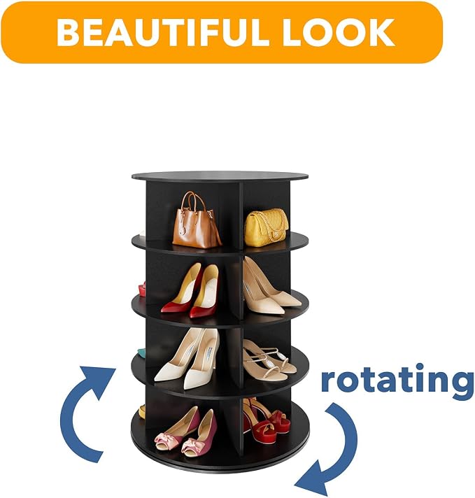 SpaceAid 4 Tier Rotating Shoe Rack Tower, Spinning Shoe Display Lazy Susan, Revolving 360 Shoe Rack Storage Round Carousel, Vertical Handbag Rotate Shoes Closet Organization (4-Tier Black) - Image 7
