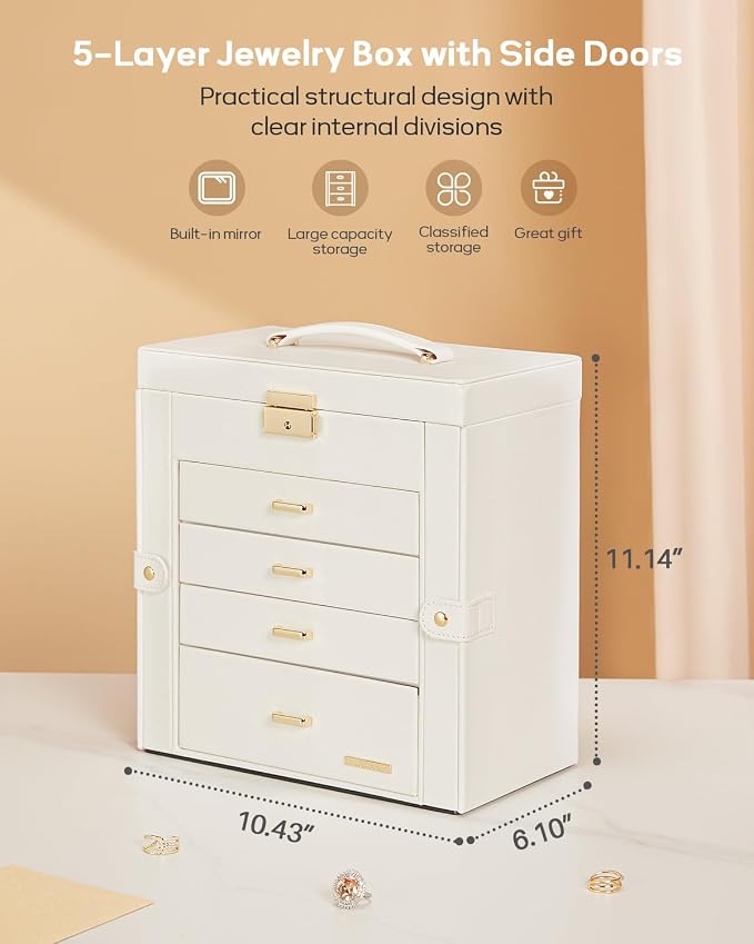 Homde Synthetic Leather Huge Jewelry Box Mirrored Watch Organizer Necklace Ring Earring Storage Lockable Gift Case (White + Gold) - Image 2
