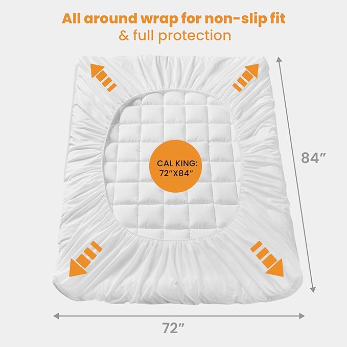 MATBEBY California King Mattress Pad - Cooling Breathable Mattress Topper, Quilted Fitted Mattress Protector, Pillow Top Mattress Cover with 8-21" Deep Pocket, Soft, Machine Washable, White, Cal King