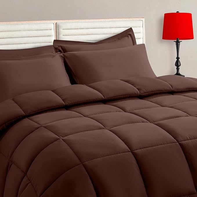 TAIMIT Brown Full Size Comforter Set - 7 Pieces, Bed in a Bag Bedding Sets with All Season Soft Quilted Warm Fluffy Reversible Comforter,Flat Sheet,Fitted Sheet,2 Pillow Shams,2 Pillowcases