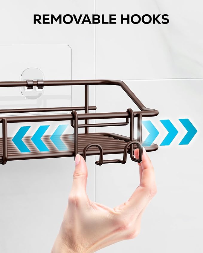 Nieifi Shower Caddy Shelf Storage Rack Adhesive Without Drilling Stainless Steel with Hooks for Washroom, Lavatory, Restroom, Toilet, Bathroom, Kitchen - 2 Pack Bronze - Image 5