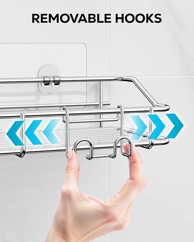 Nieifi Shower Caddy Shelf Storage Rack Adhesive Without Drilling Stainless Steel with Hooks for Washroom, Lavatory, Restroom, Toilet, Bathroom, Kitchen - 2 Pack - Image 4