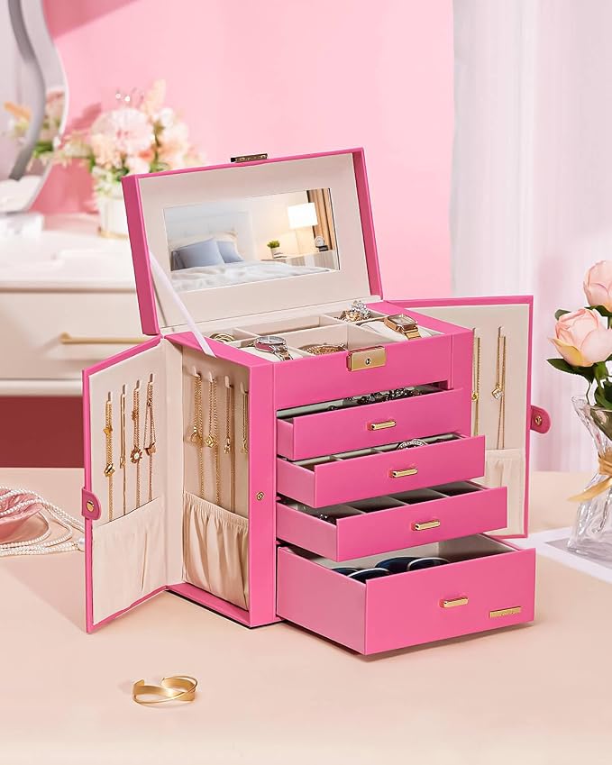 Homde Synthetic Leather Huge Jewelry Box Mirrored Watch Organizer Necklace Ring Earring Storage Lockable Gift Case (Pink + Gold) - Image 9