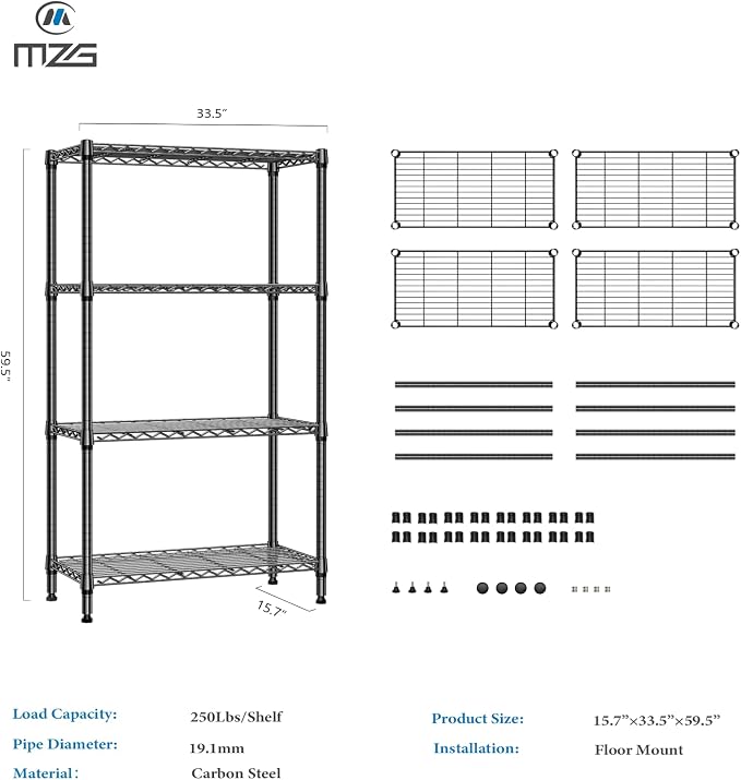 M MZG 1000 lbs 4 Tier Shelf Metal Storage Shelves Shelving Wire Rack Heavy Duty Closet Organizers for Garage Kitchen Bathroom Laundry Black 15.7" D x 33.5" W x 59.5" H - Image 3