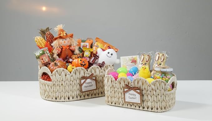 Coeusy Wicker Scalloped Basket Set of 2,Woven Storage Baskets for Shelves,Closet,Laundry,Gifts,Towels,Books,Toys,Waterproof Boho Decor Basket for Organizing - Image 9