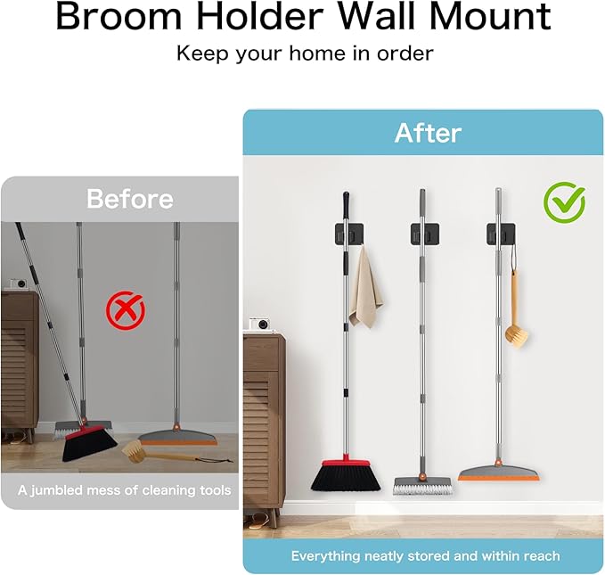 nacena 4 Pack No Drill Self Adhesive Broom Mop Holder Wall Mount with Hooks, Heavy Duty Stainless Steel Organizer for Kitchen Bathroom Garage Storage, Black - Image 7