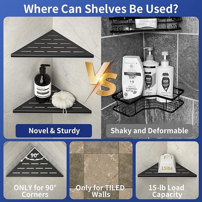 Corner Shower Shelf 10" Matte Black 304 Stainless Steel Slot Design Recessed Corner Shelf Bathroom Grout in Shelf for Tiled Wall - Image 4