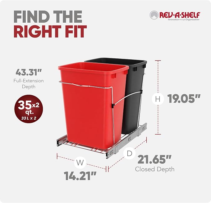 Rev-A-Shelf RV-18KD-1618C-S Double Pullout Trash Can for Kitchen Cabinets 35 Qt Garbage Recycling Bin on Full Extension Slides, Red/Black - Image 3