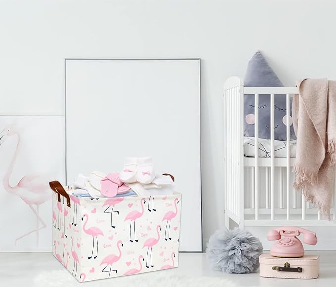 Flamingo Pink Basket Nursery Girl Baby Storage Basket Rectangular Cute Pattern Kids Toy Storage Bin Organizer Book Shelf Basket Baby Girls Flamingo Room Decor(Love Flamingo) - Image 3