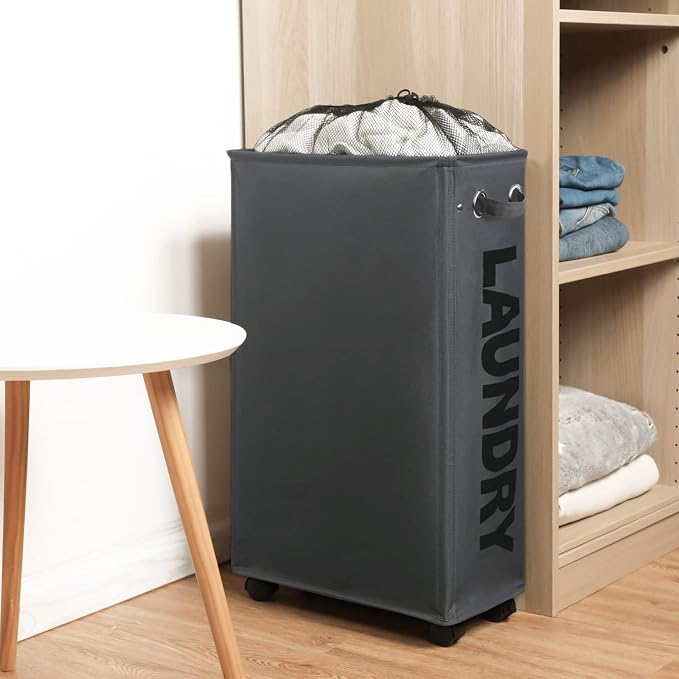 DOKEHOM 29-Inches Enlarged Slim Laundry Basket with Removable Wash Bag on Wheels, Collapsible Rolling Laundry Hamper, Foldable Narrow Corner Clothes Storage Bins (Dark Grey) - Image 7