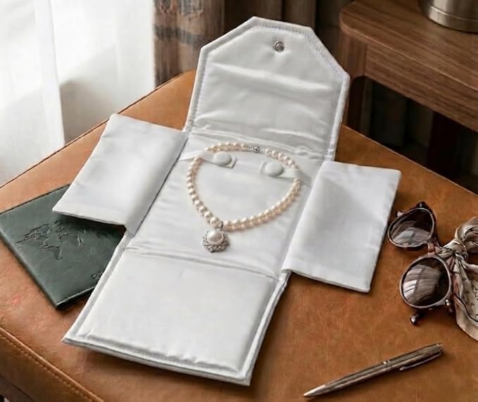 Novel Box Necklace Display Pearl Folder 8x6 inch Large Travel Jewelry Case - Wedding Jewelry Storage Holder with Smooth Finish - Jewelry Organizer Necklace Box - White/White Stitched - Image 2