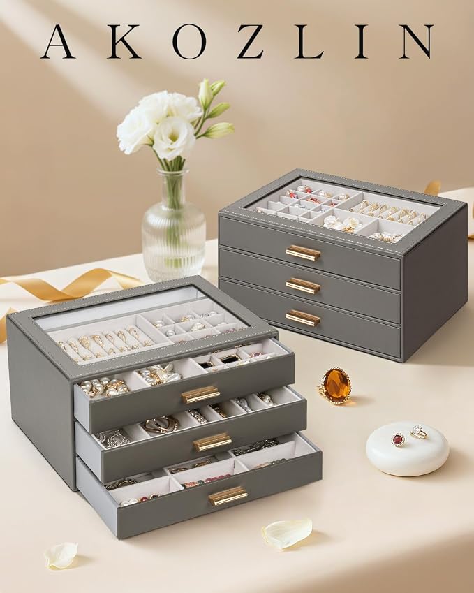 AKOZLIN Jewelry Box with Clear Lid Functional Leather Jewelry Storage Organizer Case 3 Drawers for Women Girls Necklace Ring Bracelet Earring - Image 7