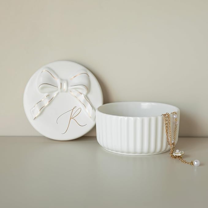 COLLECTIVE HOME - Monogram Jewelry Box with Bow Ideas for Women, Small Gift for Girlfriend Wife, Ring Holder, Earrings Dish, Birthday Gift for Her (R) by COLLECTIVEHOME