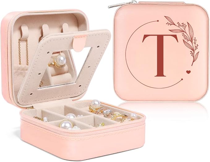 SANDJEST Personalized Jewelry Box, Pink Small Travel Jewelry Box with Initial T, Monogrammed Jewelry Case Organizer for Girls Women Teen, Mini Travel Essentials Gifts for Christmas Birthday by SANDJEST