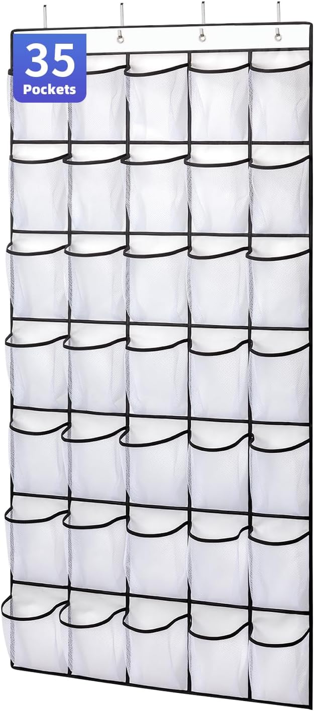 SAVERHO 35 Pockets Over the Door Shoe Organizer, Hanging Shoe Organizer for Door with 35 Mesh Pockets Large Capacity Shoe Hanging Storage Bag with 4 Metal Hooks (White-1Pack) by SAVERHO