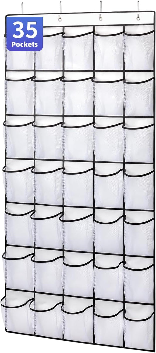 SAVERHO 35 Pockets Over the Door Shoe Organizer, Hanging Shoe Organizer for Door with 35 Mesh Pockets Large Capacity Shoe Hanging Storage Bag with 4 Metal Hooks (White-1Pack) by SAVERHO