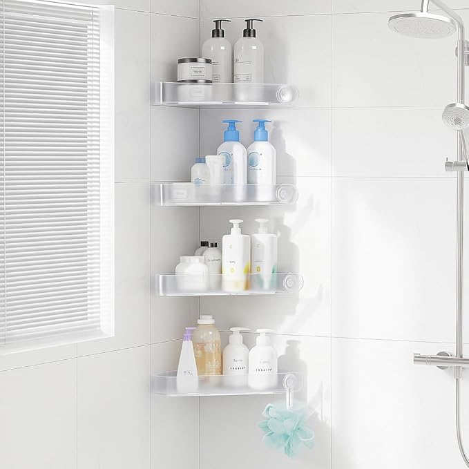 Sotfamily Plastic Shower Caddy Corner (for 90° Only), 4 Pack Adhesive Corner Shower Shelves for Bathroom Organizers and Storage, Frosted Clear by Sotfamily