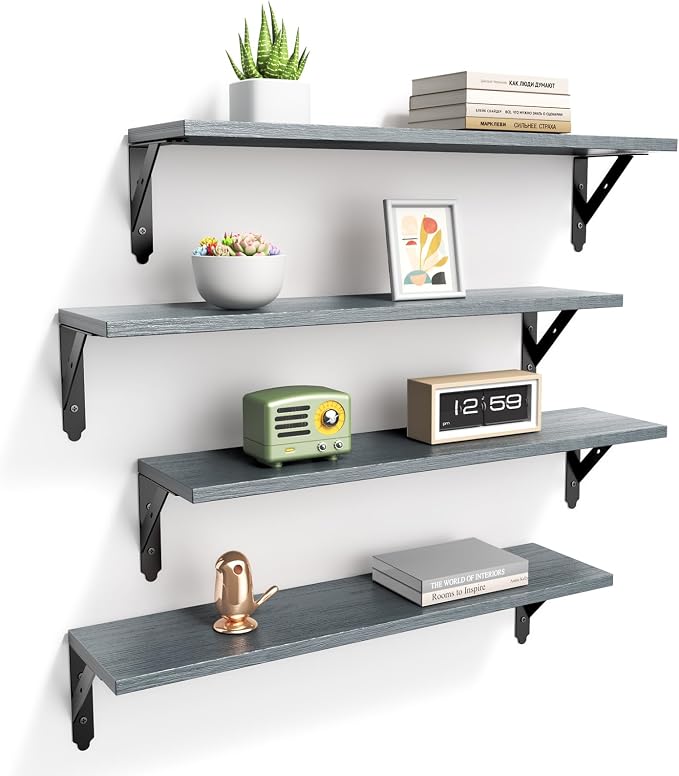 ROMGUAR CRAFT Wood Floating Shelves Set of 4, Rustic Storage Decor Wall Shelves, Wall Mounted Shelf for Living Room, Bedroom 23.6" x 6", Grey by ROMGUAR+CRAFT