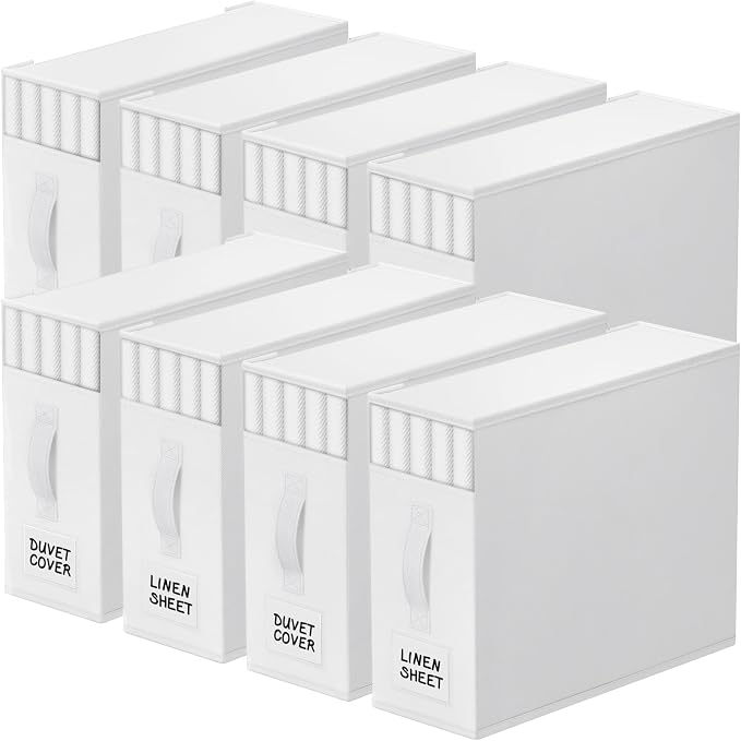 StorageTastic 8 Pack Bed Sheet Closet Organizers and Storage,Sturdy Foldable Storage Containers with Window and Label,Storage and Organization for Bedding Sheets,Duvet Covers,Blankets (White) by StorageTastic