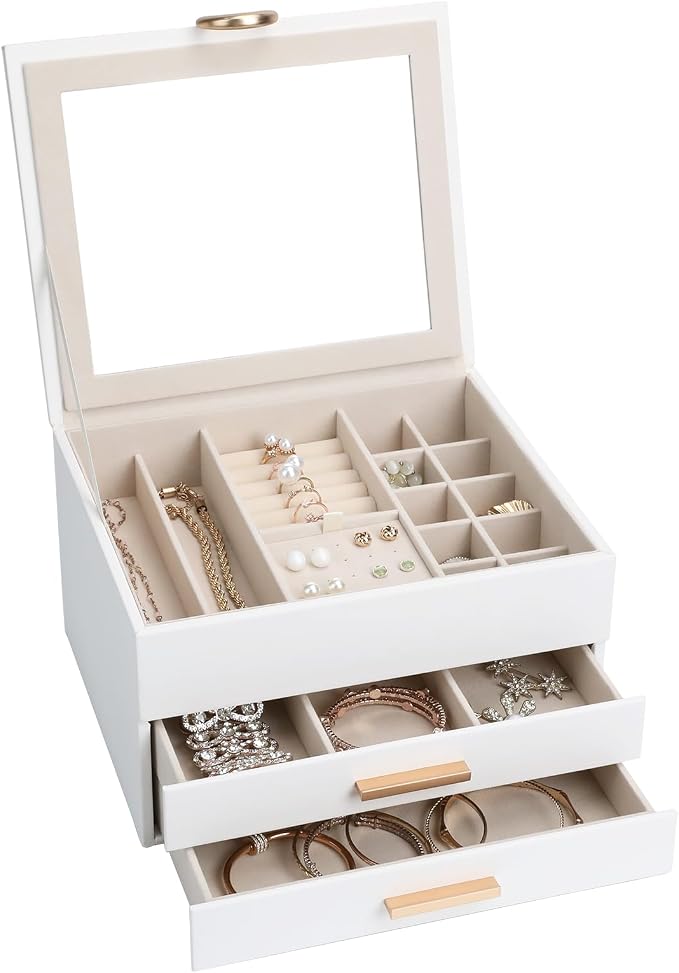 Jewelry Storage Box for 150+ Items - Features a Mirror, Smooth Gliding Drawers, and Non-Slip Earring Pads for Maximum Organization White - Image 2