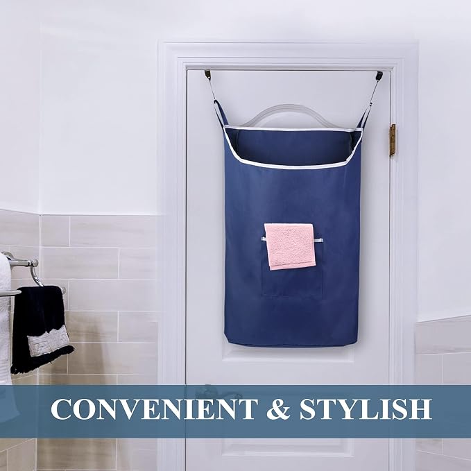 Fine Living Co. Large Hanging Laundry Hamper with Over Door Hooks & Adhesive, Durable Space Saving Laundry Bag with Zipper and Wide Open Top, Hanging Dorm Laundry Hamper (Navy Blue-XL) - Image 5