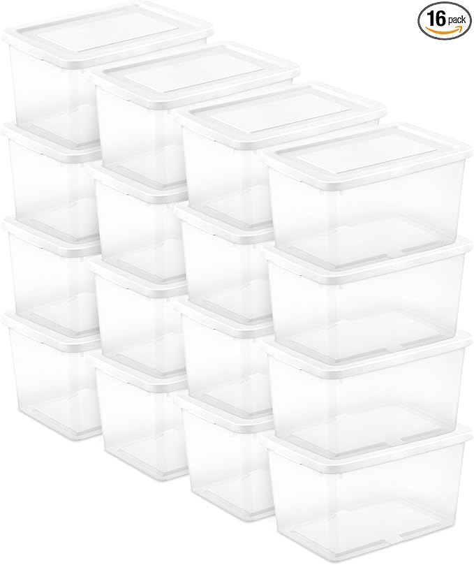 Sterilite 16 Pack Storage Box, 20 Quart Stackable Tote, Clear Plastic Container with Secure Snapping Lids for Home and Office Organization, White by Sterilite