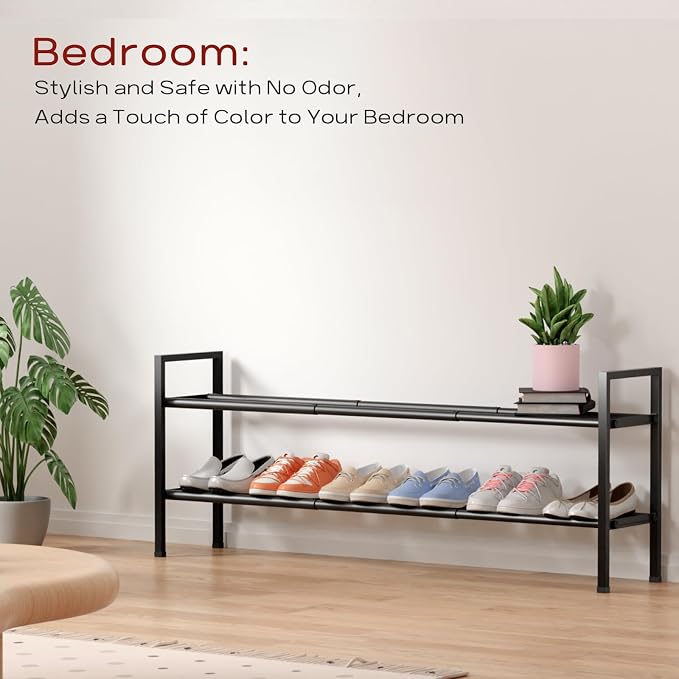 Bumusty 2-Tier Long Expandable Shoe Rack for Closet, 18"-44" Adjustable Shoe Rack for Entryway, 10-12 Pairs Large Shoe Organizer Shelf Storage, Sturdy Metal, Black - Image 6