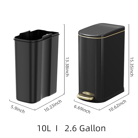 KSSKSS 2.6 Gallon Slim Bathroom Trash Can with Soft-Close Foot Pedal, 10L Stainless Steel Garbage Can with Removable Liner Bucket, for Narrow Spaces,Bathroom, Bedroom (Titanium Black) - Image 5