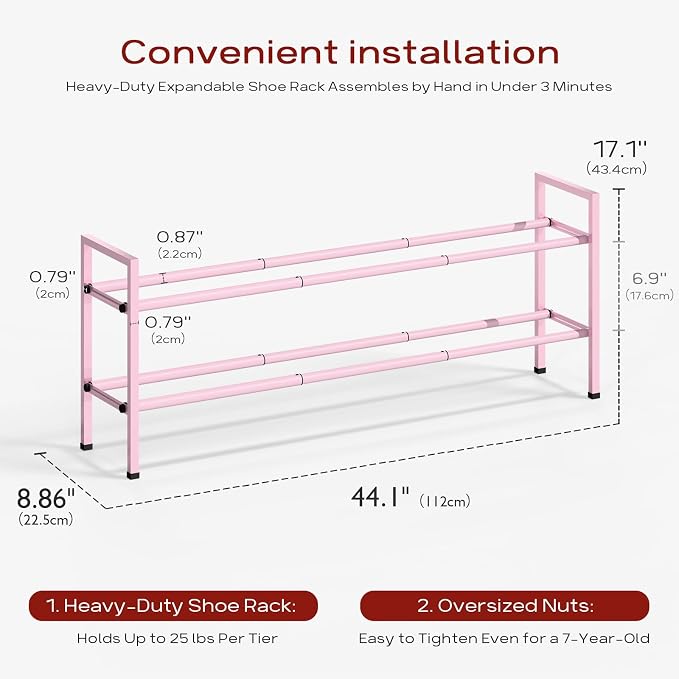 Bumusty 2-Tier Long Expandable Shoe Rack for Closet, 18"-44" Adjustable Shoe Rack for Entryway, 10-12 Pairs Large Shoe Organizer Shelf Storage, Sturdy Metal, Pink - Image 3
