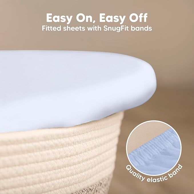 2-Pack Baby Bassinet Sheets Girl, Boy - 33x17 Viscose Derived from Bamboo Bedside Mattress Fitted Bassinet Sheets, Compatible with Halo Bassinest Swivel Sleeper, Baby Delight, Graco (Blue Flax)