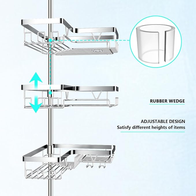 DAOYA Corner Shower Caddy Tension Pole - Chrome Tension Rod Shower Caddy Adjustable Shampoo Holder for Bathroom/Bathtub/RV, Stainless Steel, Floor to Ceiling 25-114.2 inch - Image 2
