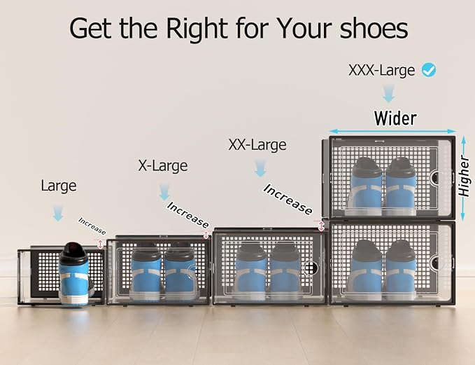 Kuject XXX-Large Shoe Storage Boxes Organizers Clear Plastic Stackable 12 Pack, Shoe Rack & Holder Substitute, Sneaker Containers, Toy Storage Organizer Bins for,Closet, Under Bed, Black(No Fold Line) - Image 3
