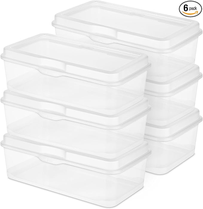 Sterilite 6-Pack Rectangular Large FlipTop, Clear Plastic Storage Box with Hinged Lid - Stackable Multipurpose Organizer for Art and Craft Supplies, Accessories, Photos & CDs, Home or Office Use by Sterilite